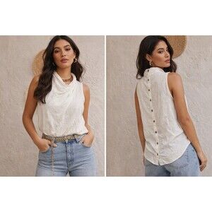 Anthropologie Sleeveless Blouse Size 2 Ivory Draped Mock Neck Full Back Button